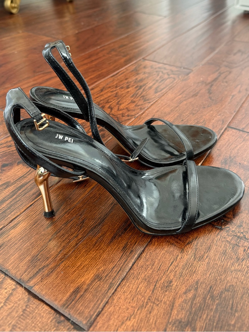 JW PEI Black Strappy Sandals with Gold Stiletto Heel